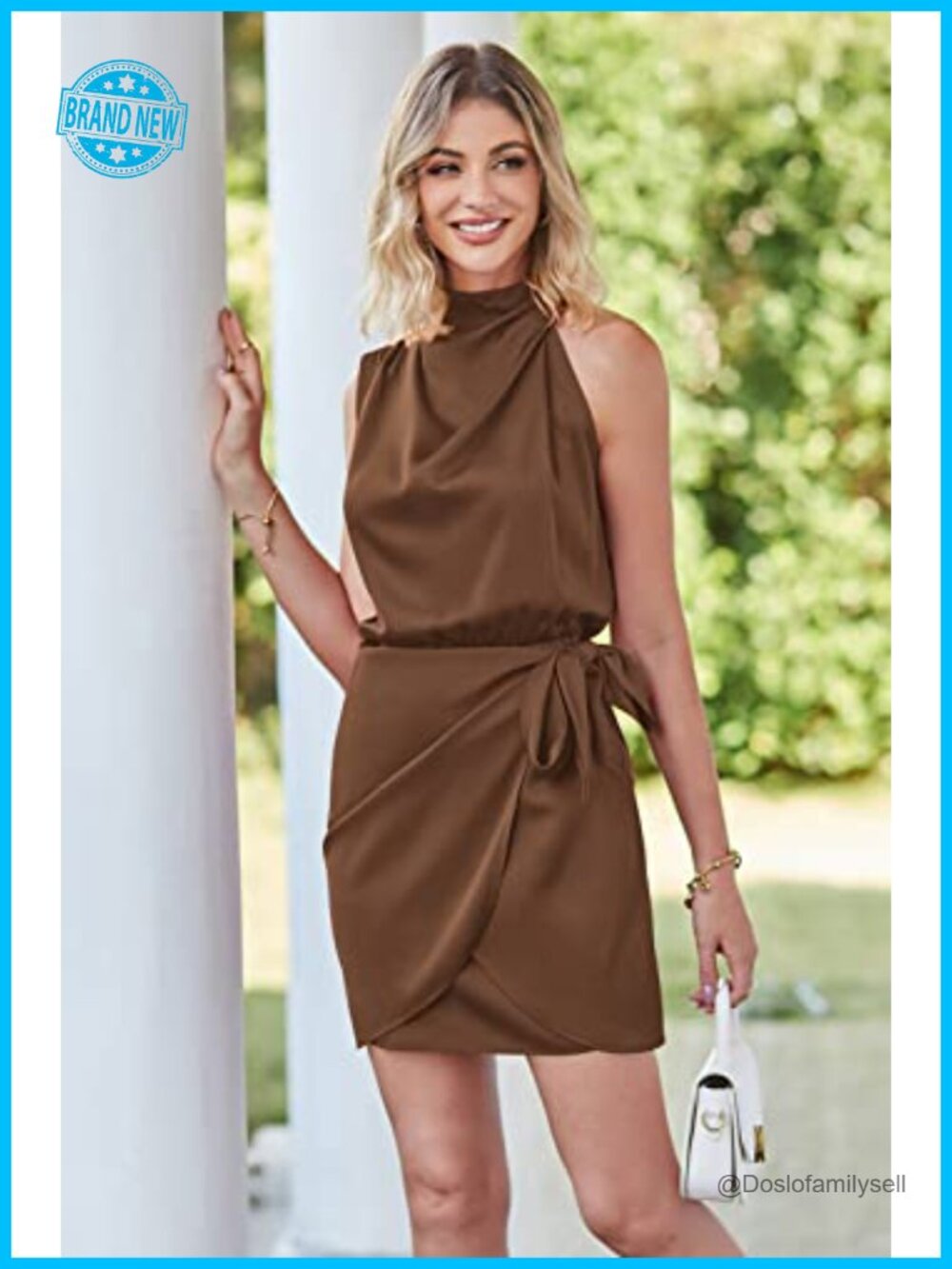 Satin Mock Neck Tie Waist Mini Dress Sleeveless Bodycon Cocktail Party - Picture 2 of 6